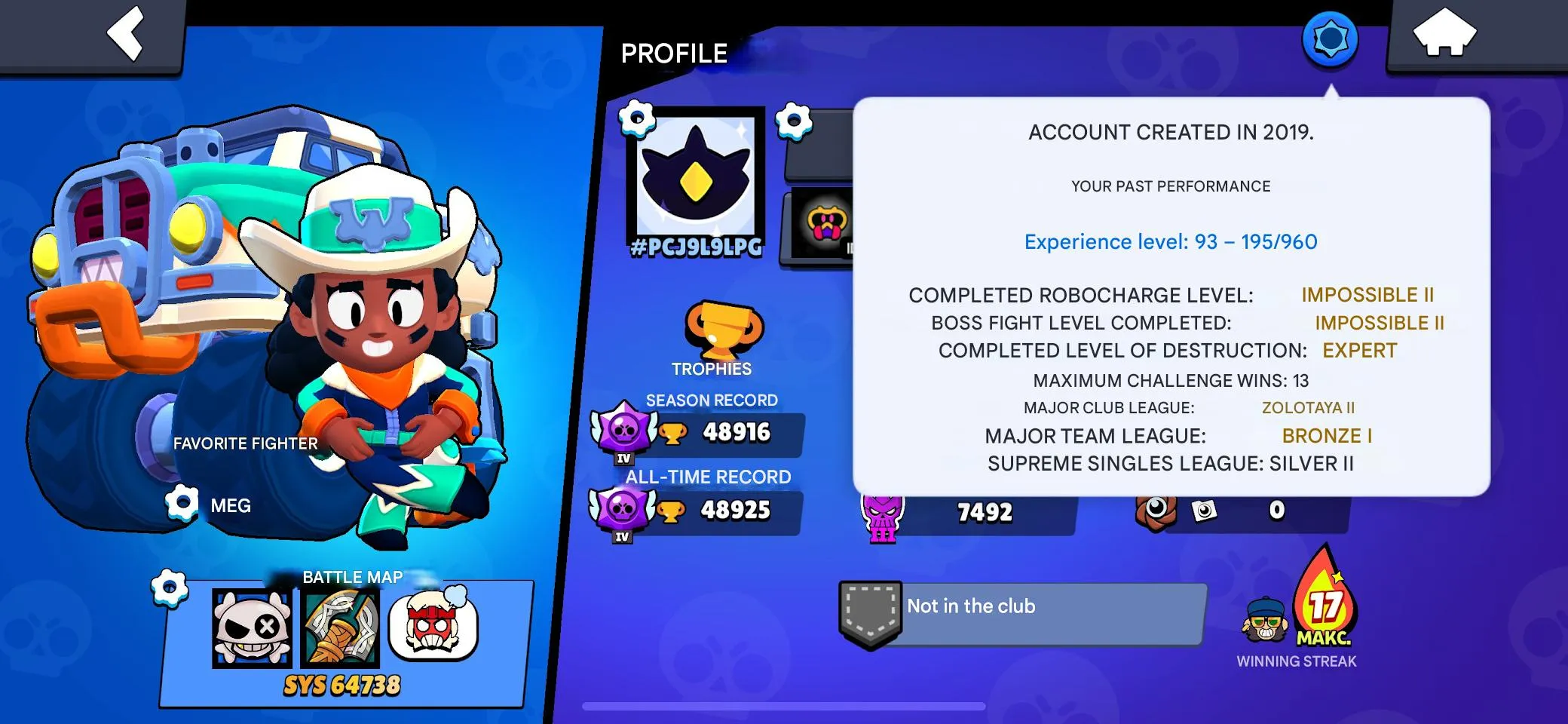 BS1911 48k Trophies 87 Brawlers 13 Hypercharges 17 Maxed incl Candy Cane Crow Winter Shelly Mutant Fang Lola Crow Kit Surge Gray 